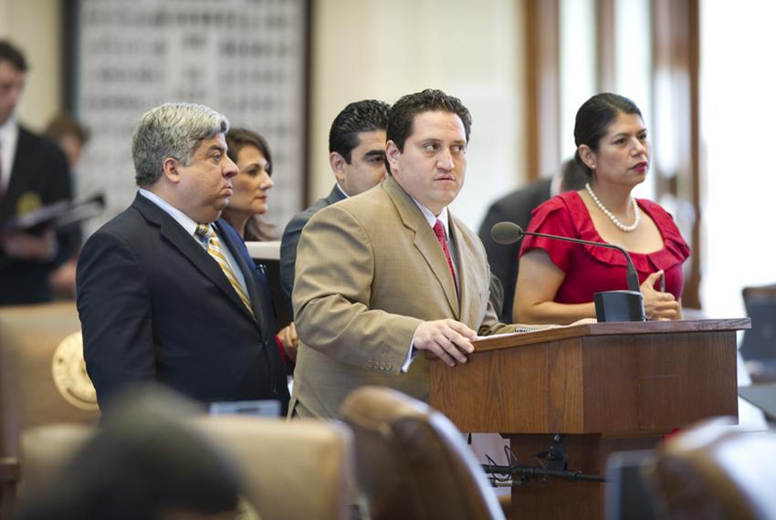 House Democrats, including Rep. Trey Martinez Fischer, at microphone, call a point of order on a "sanctuary cities" bill on May 6, 2011.